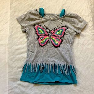 kids, L(10/12) grey+blue butterfly t-shirt with necklace attached.